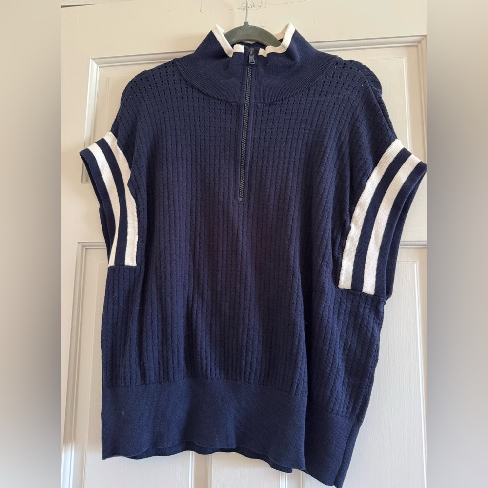 Lou & Grey Loft Navy Knit Quarter Zip Top with White Stripe Detail